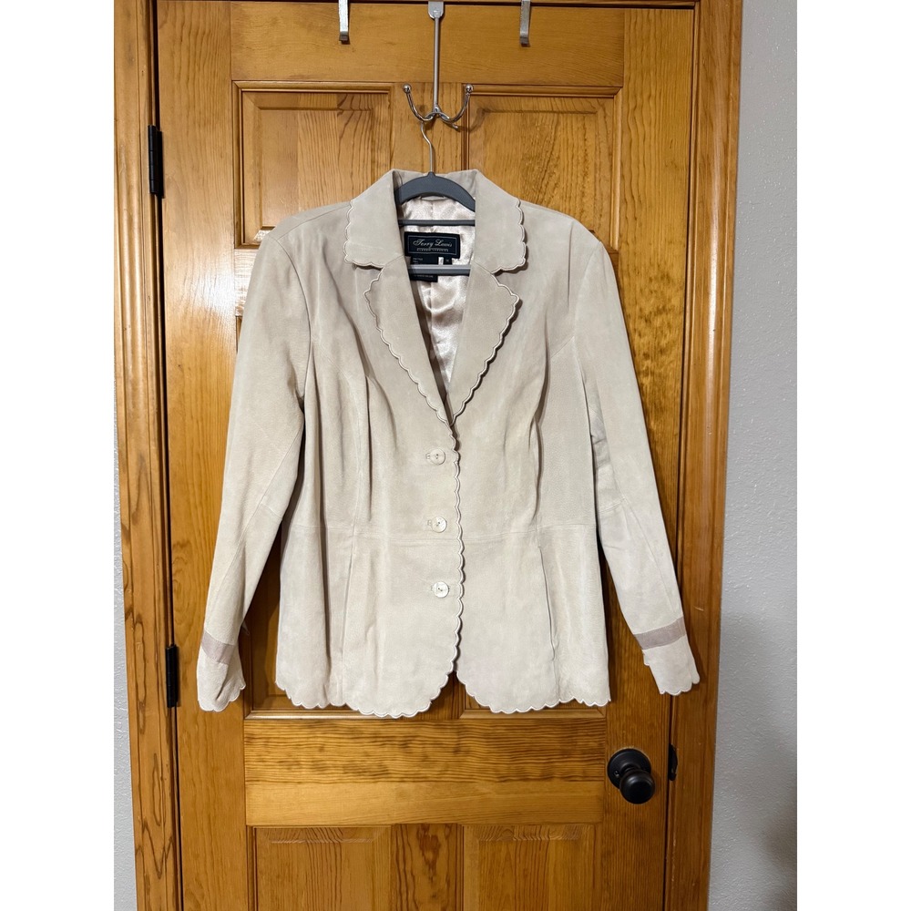 Terry Lewis Classic Luxuries Beige Suede Scalloped Leather Blazer Jacket 1X